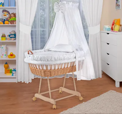 Produktbild von WALDIN Baby Stubenwagen-Set mit Ausstattung,XXL,Bollerwagen,komplett,weiß/Punkte grau,Gestell natur