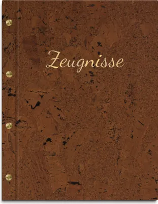 Produktbild von Zeugnismappe im dunklen Korkeinband, mit Beschriftung in gold – handgefertigte Mappe für Zeugnisse inkl. 12 Sichthüllen