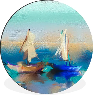 Produktbild von MuchoWow® Aluminium Wandkreis Gemälde - Ölfarbe - Boot - Abstrakt Ø 60 cm Wanddeko Modern Wohnzimmer - Wand Kreis - Wandbild - Schlafzimmer - Aluminium Bild - Kinderzimmer - Wohnzimmer Dekoration - Wandschmuck