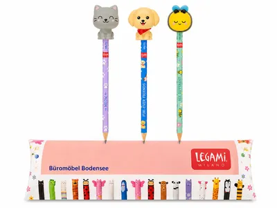 Produktbild von LEGAMI Squishy Bleistift 3er Set – Kitty, Bee & Ever Friends – HB Bleistifte mit weichem Tier-Topper, KI-generiertes Bild