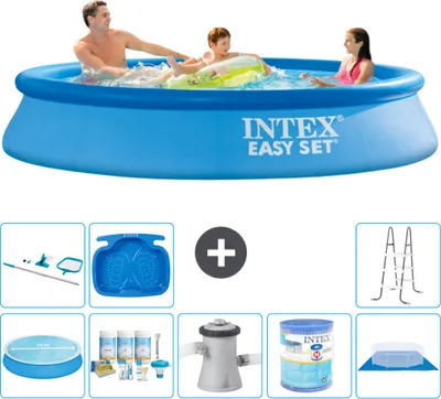 Produktbild von Intex runder aufblasbarer Easy Set-Pool – 305 x 61 cm – Blau – im Lieferumfang enthalten Sonnensegel - Wartungspaket - Filterpumpe für Schwimmbad - Filter - Bodenplane - Reinigungskit