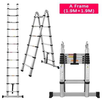 Obrázok produktu pre Hliníková teleskopická rebrík – A-rebrík – 1,9 m v polohe A – 3,8 m po vysunutí – Maximálna nosnosť 150 kg