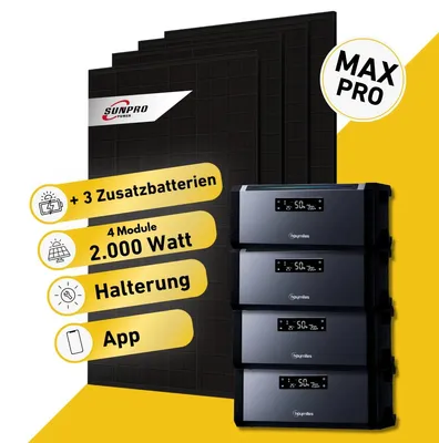 Produktbild von Balkonstrom Balkonkraftwerk 2000W Solaranlage mit Speicher | 3xZusatzspeicher | Balkonhalterung | 4xSolarmodul Bifazial | Hoymiles AC1920 | Kabel 10m