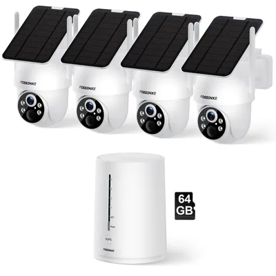 Produktbild von 4er-Pack FOSSENXE 4MP Solar Wifi Überwachungskamera Aussen Set mit Basisstation, 360° PTZ Panorama, IP66 Wetterfest, PIR Bewegungserkennung