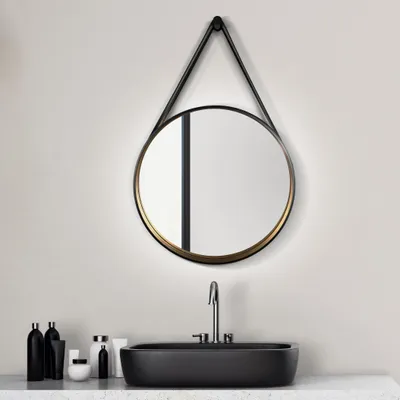 Produktbild von Wandspiegel 50 cm, rund, matt schwarz gold, Aluminiumrahmen, Lederband