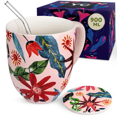 Produktbild von YC Yang Chai Jumbotasse 900ml - Teetasse aus Knochen Porzellan, XL Tasse Geschenkset mit Untersetzer - Kaffeetasse, Suppentasse, Jumbobecher