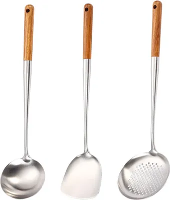 Produktbild von Wok-Schaber und Schaumlöffel-Werkzeugset, Holzgriff, verlängerter Spatel, 304 Küchen-Wok-Geschirr, 3-teiliges Set