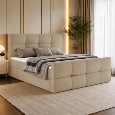 Produktbild von Boxspringbett MORINO 160x200 cm mit Bettkasten, Bonell-Matratze H3 und Topper – Bouclé Beige