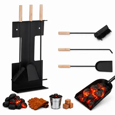 Produktbild von Relaxdays Kaminbesteck modern, 4 teilige Kamingarnitur, mit Schaufel, Besen, Schürhaken und Halter, Ofenbesteck, schwarz, KI-generiertes Bild