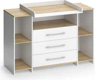 Produktbild von Wickelkommode Vicco Oskar Weiß/Goldkraft Eiche 143.2 x 93 cm mit 3 Schubladen, Model 55594