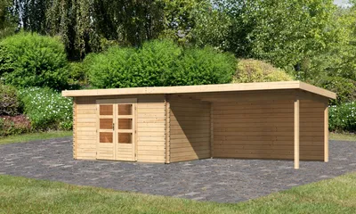Produktbild von Gartenhaus Blockbohlenhaus Gerätehaus Bastrup 7 im Set mit Anbaudach 4 m breit, 28 mm Rückwand naturbelassen 739x297x222 cm