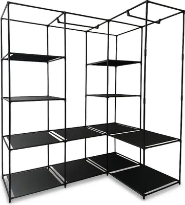 Zdjęcie produktu dla Szafa narożna Relaxdays, wymiary: 170 x 130 x 8 cm, 2 drążki na ubrania, 12 półek, stal, włóknina, szafa otwarta, czarna