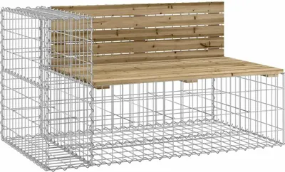 A gabion bench with a wooden seat and backrest, shown from a three-quarter angle.
