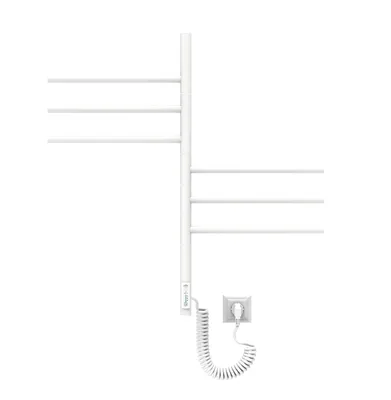 A white electric towel dryer with six foldable arms, a digital display, and a coiled power cord plugged into a wall socket.