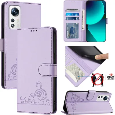 Produktbild von Leder Hülle für Xiaomi 12/Xiaomi 12X/Xiaomi 12S Süße Katze Flip Case Brieftasche Schutzhülle mit Standfunktion Lila