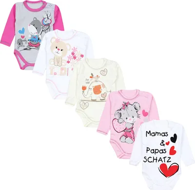 Produktbild von TupTam Unisex Baby Langarm-Body mit Aufdruck 5er Set, Farbe: Mamas Papas Schatz Weiß Elefant Ecru Teddy Maus Rosa, Größe: 86