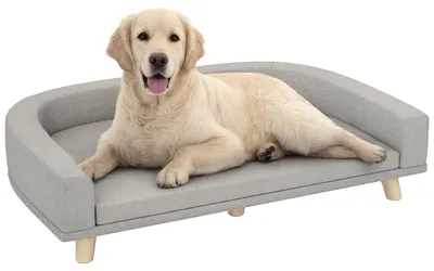 Produktbild von Hundesofa für große Hunde bis 30 kg, gepolsterte, Kiefernholzbeine, 98 x 67 x 25 cm, Grau