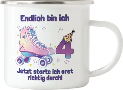 Produktbild von Endlich Bin Ich 4 Jetzt Starte Ich Erst Richtig Durch! Emaille Tasse Alles Gute Happy Birthday Rollschuhe Geburtstag