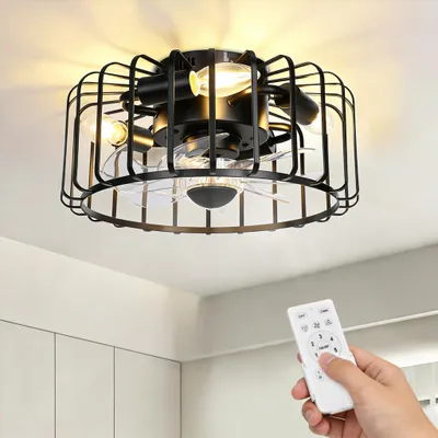 Image de Ventilateur de plafond avec éclairage et télécommande Cage métallique DC Moteur 4x E14 Ampoules 6 niveaux pour chambre, salon, cuisine