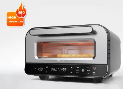 Produktbild von BOLKANI Elektrischer Pizzaofen mit Pizzastein & Pizzaschieber – 450°C für knusprige Steinofen-Pizza in 2 Minuten – 1700W, Timer Innenbeleuchtung.