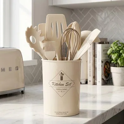 Immagine prodotto di Set di utensili da cucina in silicone, 12 pezzi, beige, 32,5 cm, resistenti al calore, antiaderenti - cucchiaio, mestolo, forchetta, frusta