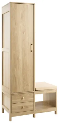 Produktbild von BELIANI Flurgarderobe Set Hellbraun Holzoptik 180 cm Hoch Schmal mit Tür Sitzbank Kleiderstange Schuhregal Schubladen Modernes Design Flurschrank
