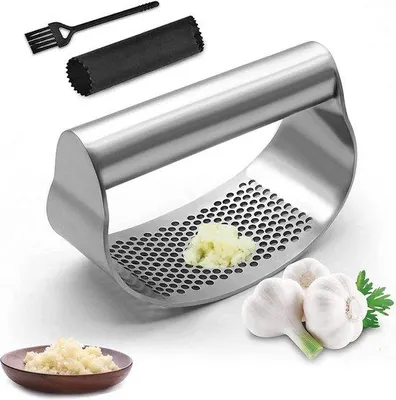 Produktbild von Küchenhelfer Edelstahl Knoblauchschneider 3-teilig mit Silikonschäler