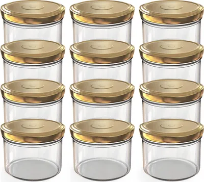 A grid of twelve clear glass jars with gold lids.