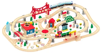Produktbild von Bayagu Holzeisenbahn 130 Teile Eisenbahn-Set Holz Zug Schienen Brücke Bahnhof
