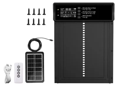 Produktbild von Solar automatische Hühnerklappe aus Aluminium – wasserdichtes LED-Display – Timer, Lichtsensor & Fernbedienung, Einklemmschutz & Alarm – elektrische Hühnertür