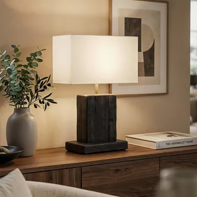 Produktbild von Tischlampe NANTU aus recyceltem Massivholz, Schwarz/Weiß - Tischleuchte mit rechteckigem Stoffschirm und Sockel aus Massivholz, skulpturales Design, ideal als Flurlampe oder Nachttischlampe