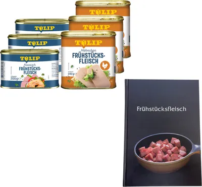 Produktbild von TULIP Frühstücksfleisch 3x Schwein 200g + 3x Hähnchen 340g Delikatesse +Kochbuch