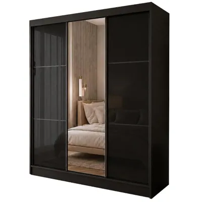 Produktbild von BEAUTYSOFA | Schwebetürenschrank VIVA 180 cm Kleiderschrank Schwarz mit Spiegel, Schubkasteneinsätze, Schiebetürenschrank Schlafzimmer
