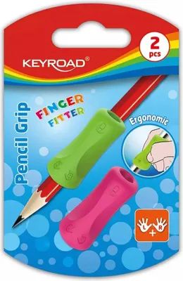 A blister pack containing two pencil grips, a red pencil, and a rainbow graphic.