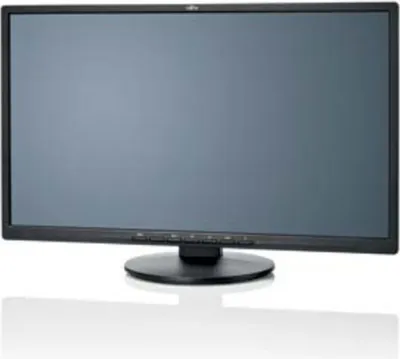 A black Fujitsu LED monitor is shown from the front on a white reflective surface.