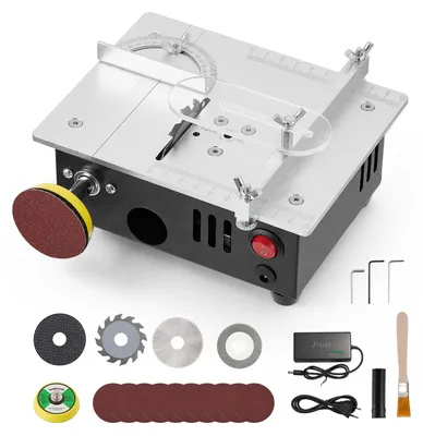 Produktbild von 4-in-1-Mini-Tischsäge - Tischsägestation - Schleiftisch - 7 Geschwindigkeitsstufen - 5000 U/min - 45° Schnittwinkel - Silber