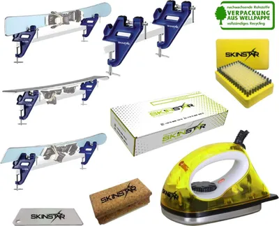 Image de Kit de fartage SKINSTAR : tendeur de ski, fer à farter, brosse, fart naturel, racloir – lot de 6 pièces