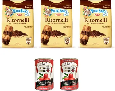 Produktbild von 3x Mulino Bianco Kekse mit Kakao und Mandeln Ritornelli 700g + Italian Gourmet 100% italienische geschälte Tomaten dosen 2x 400g