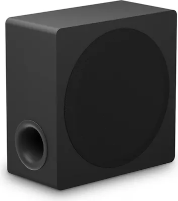 A black subwoofer is shown from a three-quarter angle against a white background.