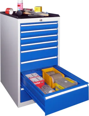 Produktbild von Werkzeug-Schubladenschrank - 1.000x500 mm - 1 Schubladenreihe - 4x75 mm, 2x125 mm, 2x175 mm - Tragkraft 50 kg - lichtblau/feuerrot