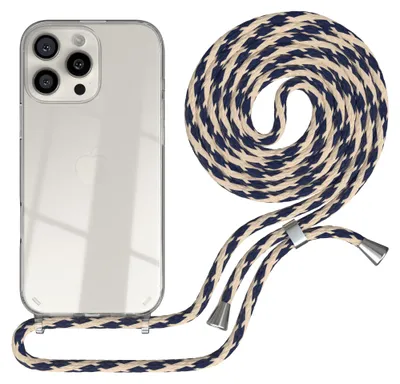 A clear, professional studio shot of an iPhone case with a lanyard attached, presented on a white background.