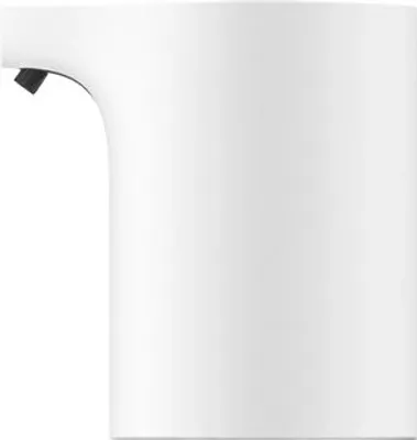 A close-up, studio shot of a white automatic soap dispenser.