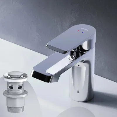 Produktbild von AM.PM Badarmatur mit Pop-Up Ablaufventil für Waschbecken Wasserhahn Bad Chrom Waschtischarmatur mit Ablaufgarnitur 1 1/4 Zoll Messing Ventil Ablauf