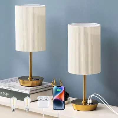 Productafbeelding van EDISHINE Tactiele Bedlamp Set van 2 met USB-C & USB-A Oplaadpoort, 3 Helderheidsniveaus, E27 LED-lamp Inbegrepen, Stoffen Lampenkap
