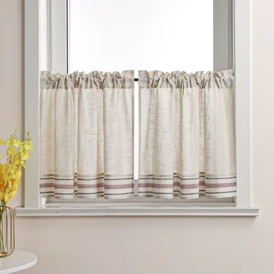 Produktbild von Joyswahl 2er Scheibengardinen Leinen Küche Gardinen Lila-graue horizontale gestreifte Kurzstores Bistrogardine Tunnelzug Halbtransparent BxH 90x90 cm 2 Stück