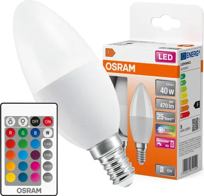 Zdjęcie produktu dla 2x Żarówka LED B37 Świeczka E14 4.9W = 40W 470lm 2700K RGBW 200° Ściemnialna Pilot Retrofit Filament Osram