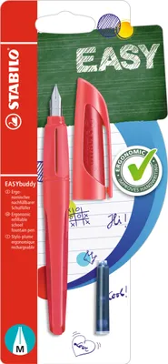 Produktbild von Schulfüller mit Standard-Feder M - STABILO EASYbuddy in koralle/rot - Schreibfarbe blau (löschbar) - Einzelstift - inklusive Patrone