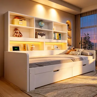 Imagen del producto de STILVORA: Sofá-cama de madera de 90/180x200 cm con mecanismo extensible y espacio de almacenamiento. Cama juvenil con iluminación LED y enchufes. Cama de madera con estantes abiertos y cajones