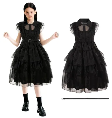 Mädchen Tüllkleid schwarz mit Gürtel, Gothic Cosplay Halloween Kostüm