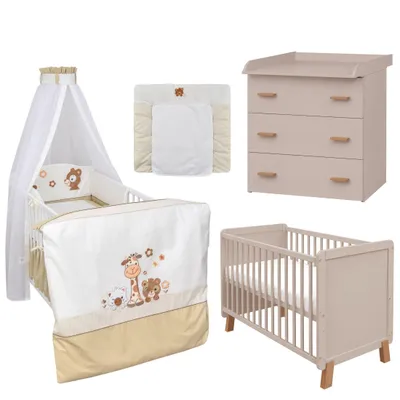 Produktbild von Baby-Delux Babyzimmer Babybett Wickelkommode umbaubar Schutzgitter 60x120 Lou Kaschmir Bettwäsche Komplett Set Safari